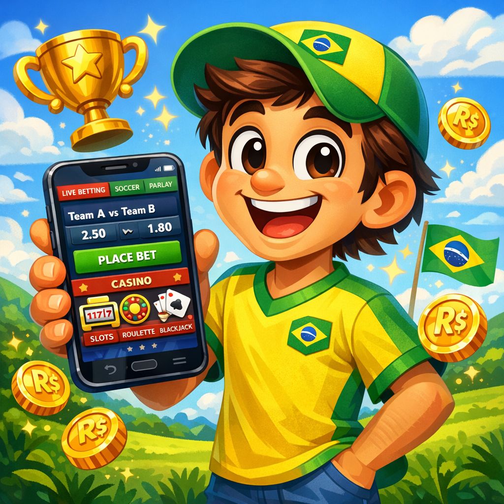 Cartoon character holding a smartphone with betting and casino icons, coins and trophies around