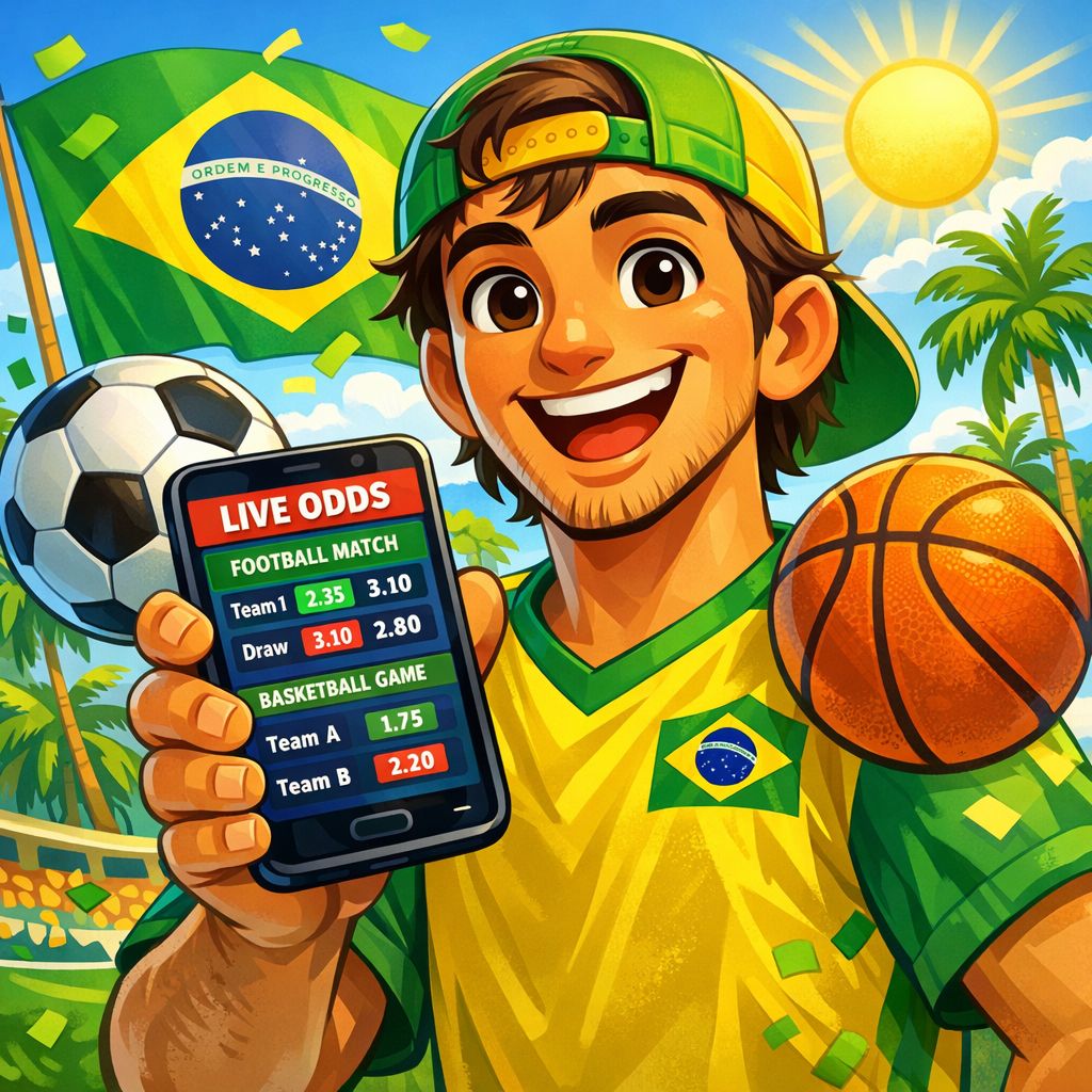 418Bet themed cartoon bettor with a smartphone showing live odds and sports icons