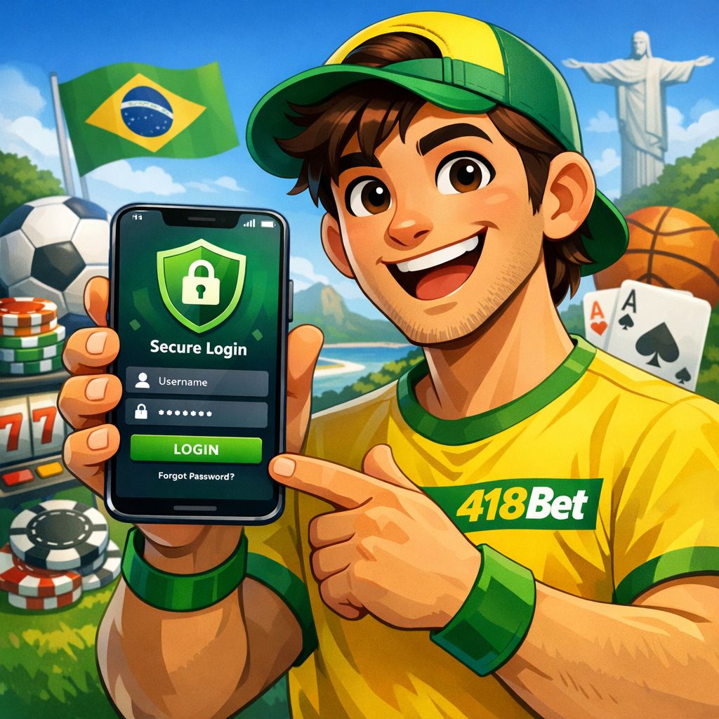 Cartoon character holding a phone with a login screen, shield icon, and 418Bet themed coins