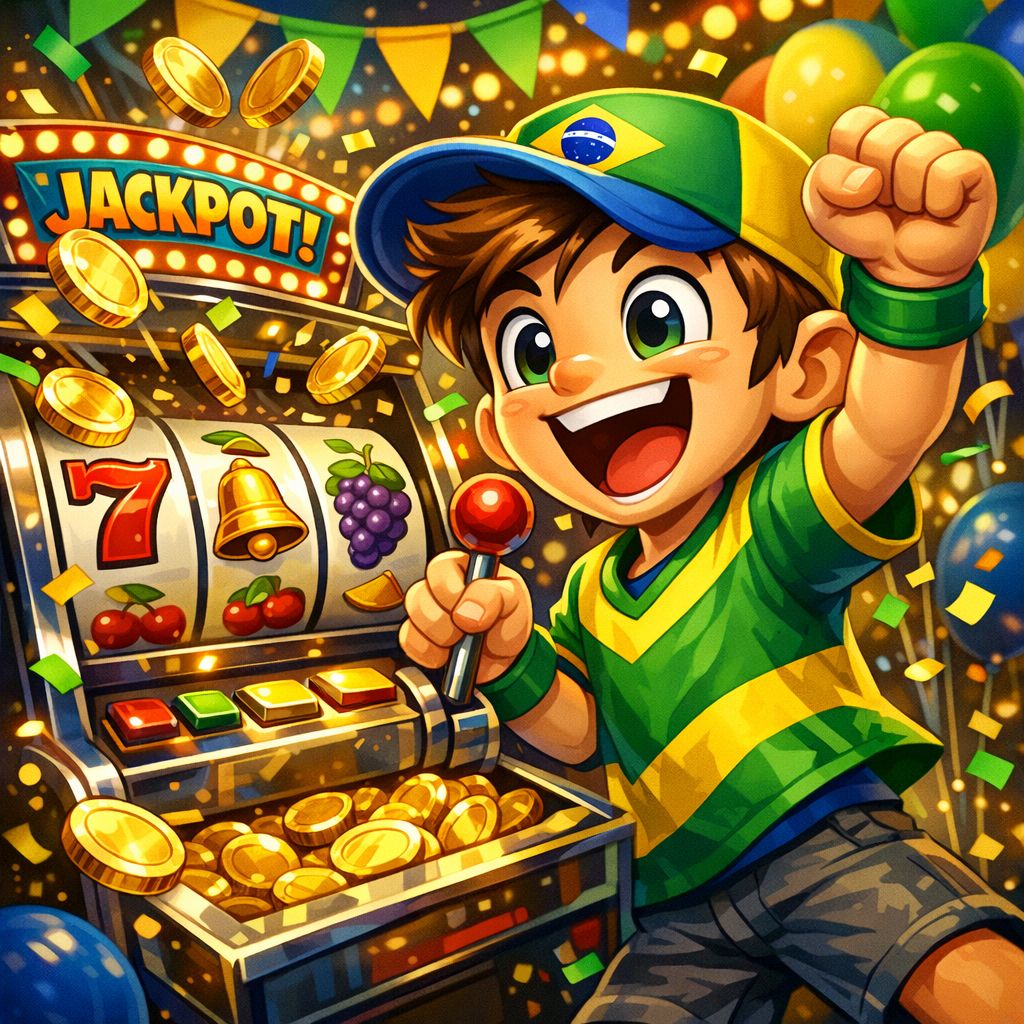 Cartoon character spinning a slot machine with Brazilian-themed colors and coins
